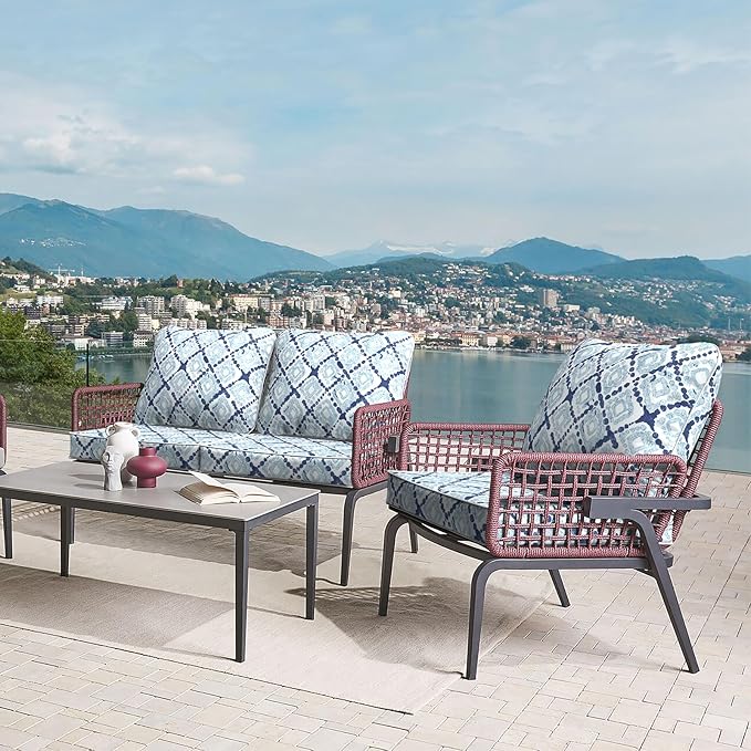 LVTXIII Outdoor Deep Seat Cushion Patio Seat and Back Cushion Set Seasonal Chair Cushion with Removable Cover and Adjustable Buckle for Home and Garden, 24"x24"x4", Boho Geometry Blue-VerdiqueGarden