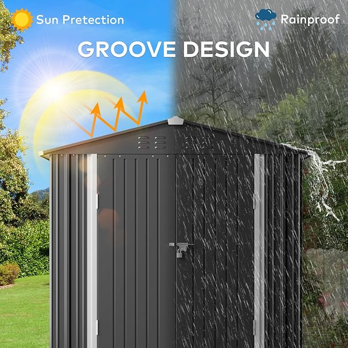 Gizoon Outdoor Storage Shed 6 x 4 FT, Galvanized Metal Garden Shed with Double Lockable Doors, Outdoor Storage Clearance for Backyard Patio Lawn-Dark Grey-VerdiqueGarden