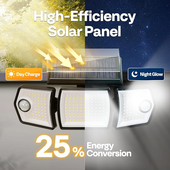 VIVOHOME Linkable Solar Flood Lights Outdoor, 2 Adjustable Motion Sensors Security Lights with 3 Heads, 2500LM, IP65 Waterproof, Solar Powered for Outside, Yard, Porch, Patio-VerdiqueGarden