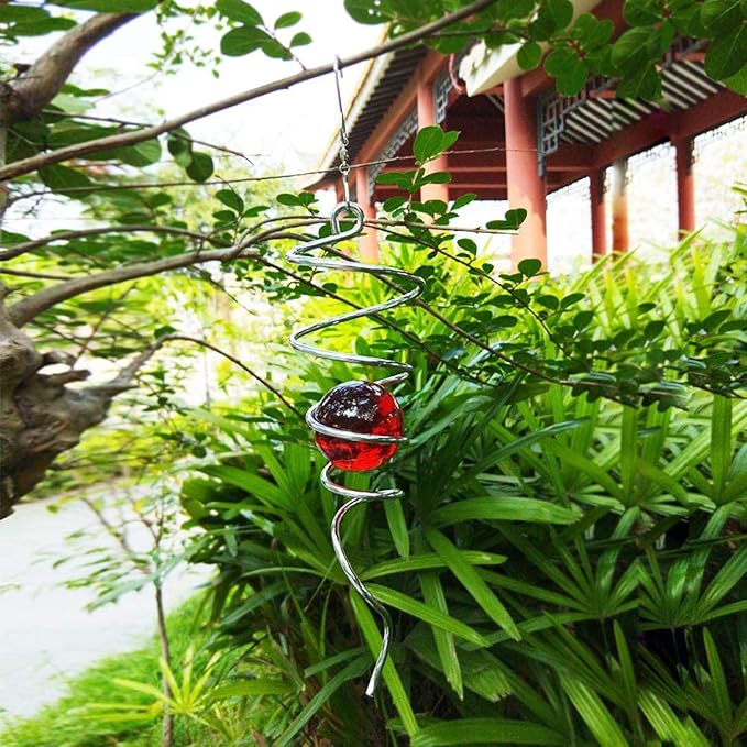 FONMY Gazing Ball Stainless Steel Spiral Tail-Decorative Wind Spinner, with Hanging Swivel Hook, Indoor Outdoor Decoration Silver Red -13 inch Height-VerdiqueGarden