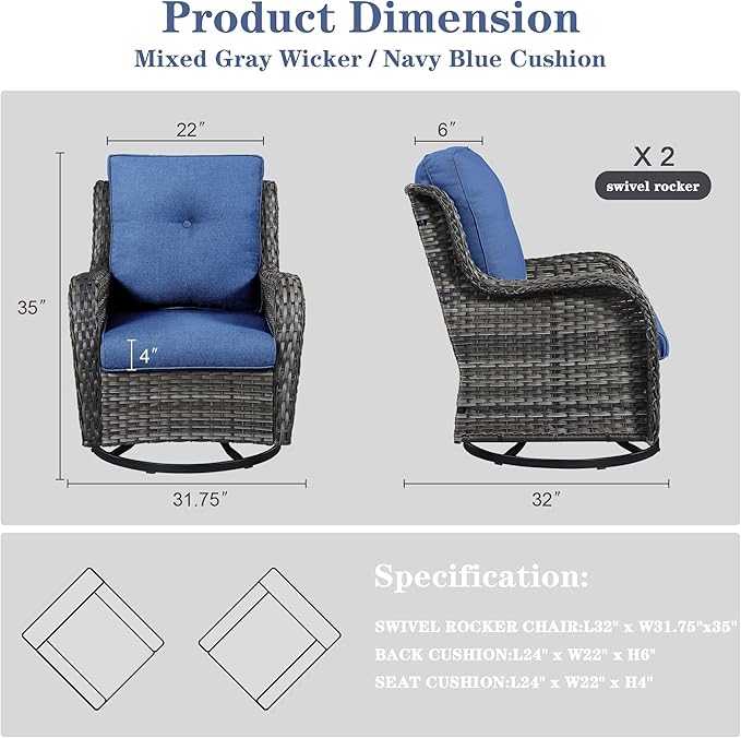 Outdoor Swivel Rcoker Patio Chairs - Outdoor Swivel Patio Chairs Set of 2 Wicker Chair Patio Furniture Sets with Covered Cushion for Porch Deck Balcony Garden, Blue-VerdiqueGarden