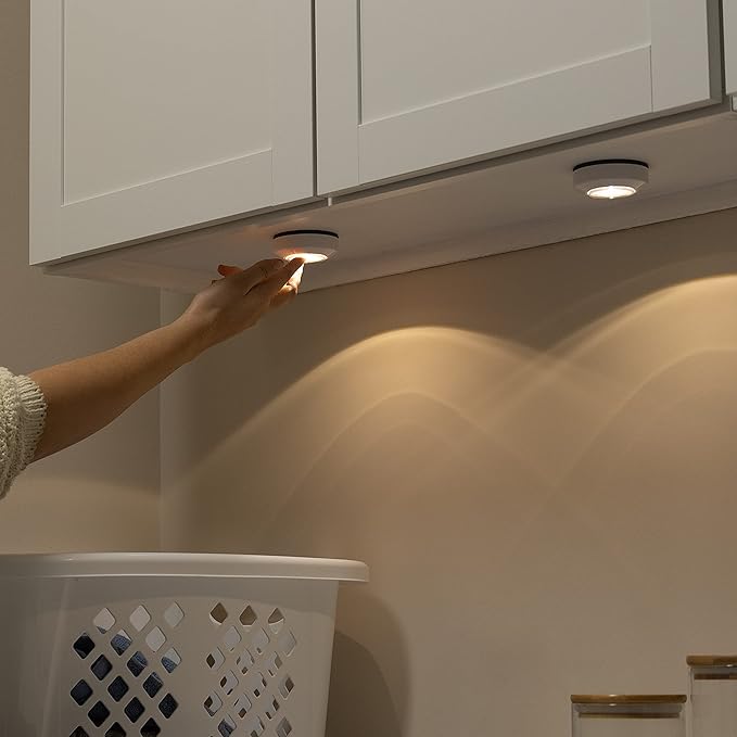 Amazon Basics LED Puck Lights, Battery Operated, 50 Lumens 2 Pack, Tap Light, Stick on Lights, Under Cabinet Lighting, Ideal for Kitchen Cabinets, Closets, Garage and More, White-VerdiqueGarden