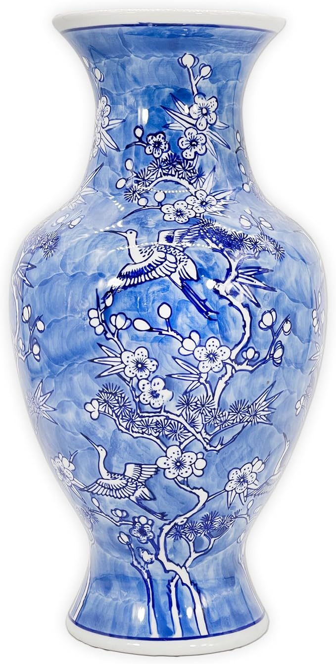 Galt International White & Blue Floral Crane Chinoiserie Ceramic Vase 14" - Hand Painted Antique Style Porcelain Bird & Flower Bottle Fishtail Porcelain Chinese Vase for Home Decor Centerpiece-VerdiqueGarden