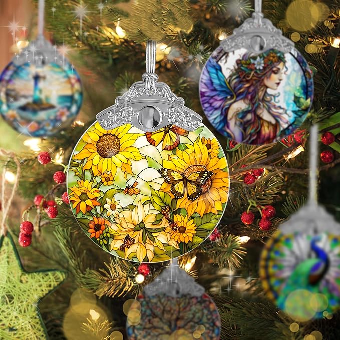 Stained Glass Suncatcher, Jocidea Sunflower and Butterfly Decor, Christmas Ornament, Holidays Ornaments, Christmas Tree Ornament, Sunflower and Butterfly Gifts-VerdiqueGarden
