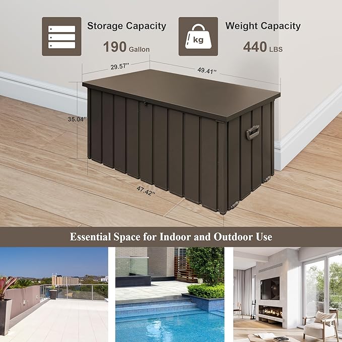 Domi Deck Box 190 Gallon, Waterproof Lockable Steel Outdoor Storage Container for Outside Cushions, Garden Tools and Pools Equipment, Brown-VerdiqueGarden