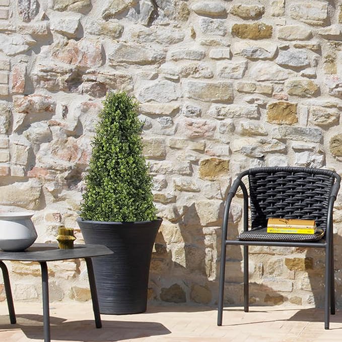 3ft Artificial Boxwood Topiary Trees (Set of 2) - UV Resistant Faux Plants Outdoor, Realistic 36" Fake Cone Bushes and Shrubs for Front Porch, Planter, Patio - Low Maintenance & Evergreen-VerdiqueGarden