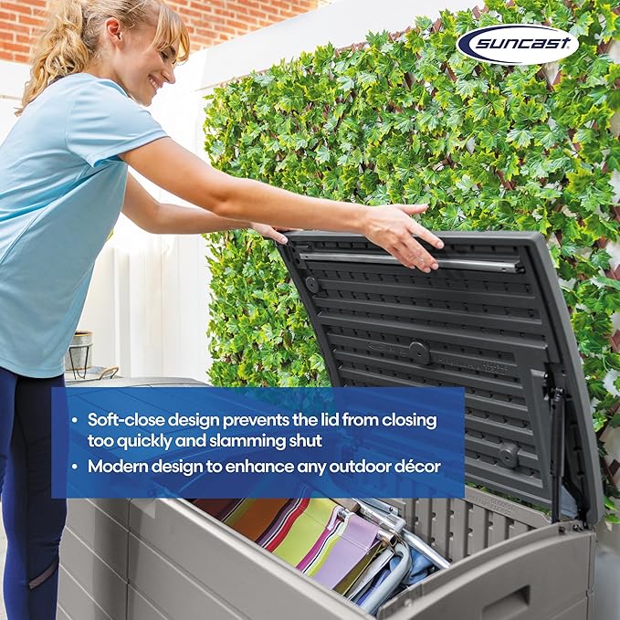Suncast 120-Gal. All-Weather Patio Deck Box with Pad-Lockable Split Top Lid, Extra-Large Outdoor Storage Unit for Patio Furniture and Grill Tools, Made in the USA-VerdiqueGarden