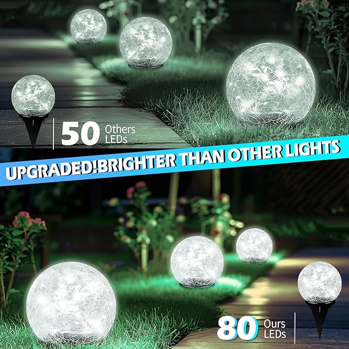 Garden Solar Ball Lights Outdoor Waterproof, 80 LED Cracked Glass Globe Solar Power Ground Lights for Path Yard Patio Lawn, Outdoor Decoration Landscape White (2 Pack 5.9'')-VerdiqueGarden