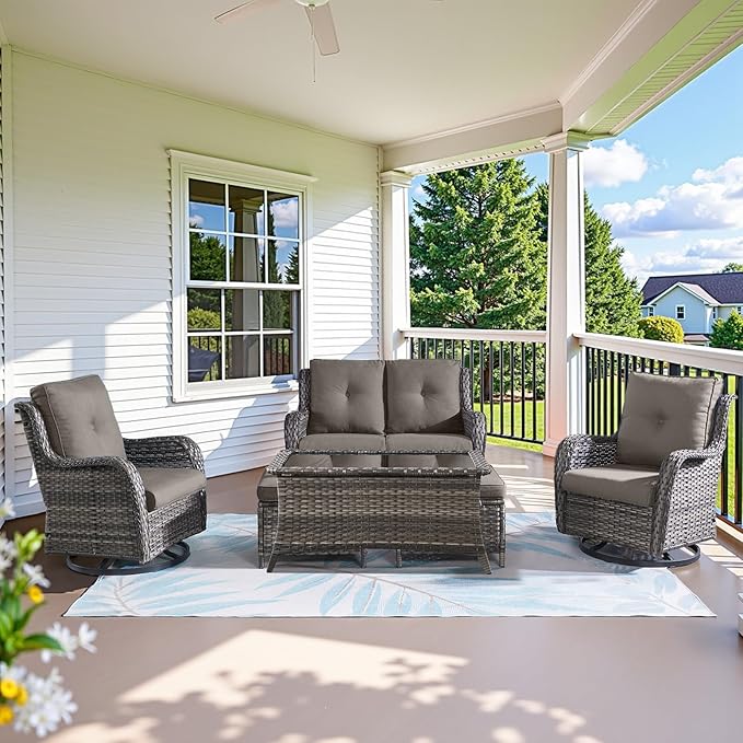 Wicker Outdoor Furniture Patio Furniture Set - 6 Piece Patio Conversation Set with Swivel Rocker Chairs, Loveseat Sofa, Ottomans and Coffee Table, Gray Cushion-VerdiqueGarden