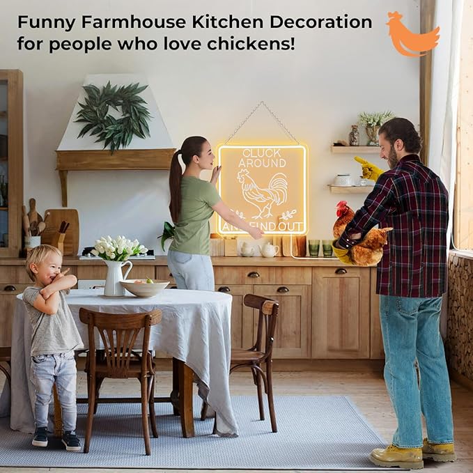 Funny Cluck Around and Find Out Large Neon Sign Dimmable, Rooster Decor 16 X 16 Inch Kitchen Decor for Farmhouse, Chicken Coop, Garden, Farm House Decoration, Rooster Gifts-VerdiqueGarden