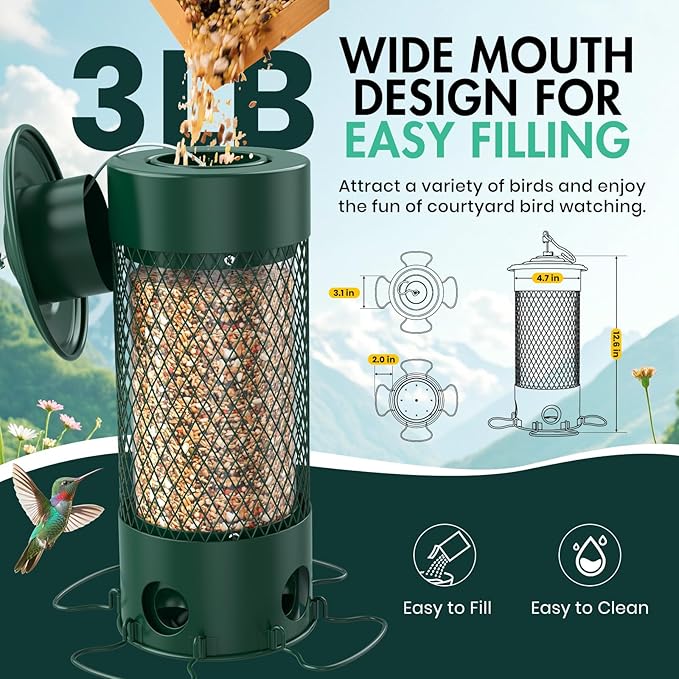 Metal Squirrel Proof Bird Feeders for Outdoors Hanging,Weight-Activated Large Capacity Feeder for Wild Finch, Cardinal,Blue Jay, Chickadee, Weatherproof and Durable 4 Perches,Green-VerdiqueGarden