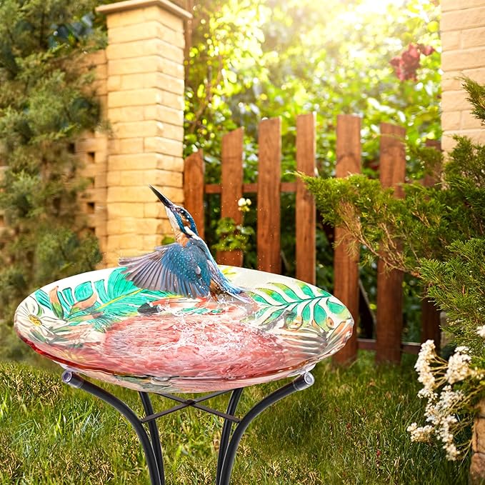 VCUTEKA 18" Outdoor Glass Birdbath with Sturdy Metal Stand for Lawn, Yard, or Garden Decor Bird Lovers Gift, Flamingo Bird Bath Detachable, 22" Height-VerdiqueGarden