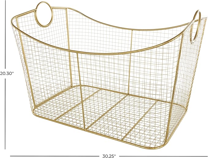 Deco 79 Metal Geometric Decorative and Functional Storage Basket Wire Grid Basket Organizer with Curved Edges Ring Handles, Basket for Storage 30" x 20" x 20", Gold-VerdiqueGarden