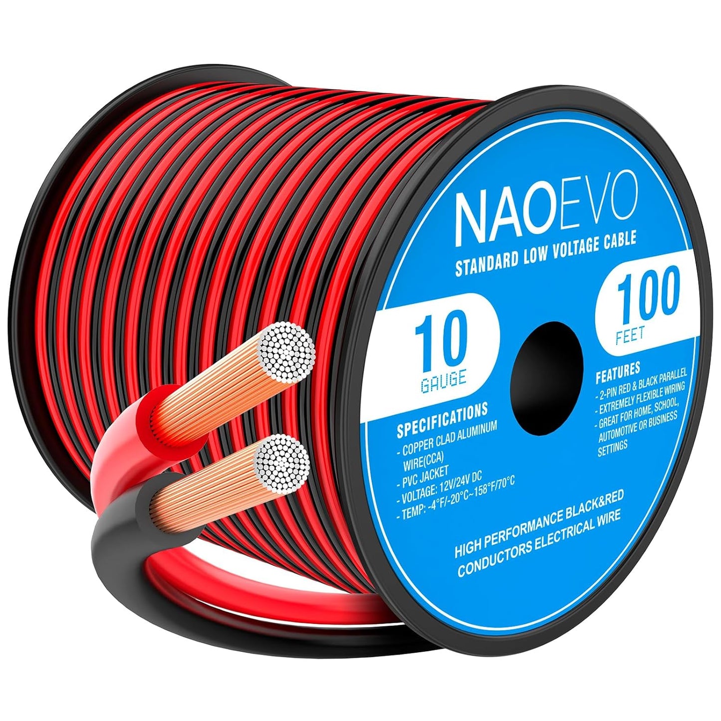 NAOEVO 10 Gauge Wire 100FT, 2 Conductors Electrical Wire Red Black Cable, Flexible/Low Voltage/PVC 10 AWG Copper Clad Aluminum Extension Cord for Speaker, LED Strips, Automotive 12V/24V DC-VerdiqueGarden