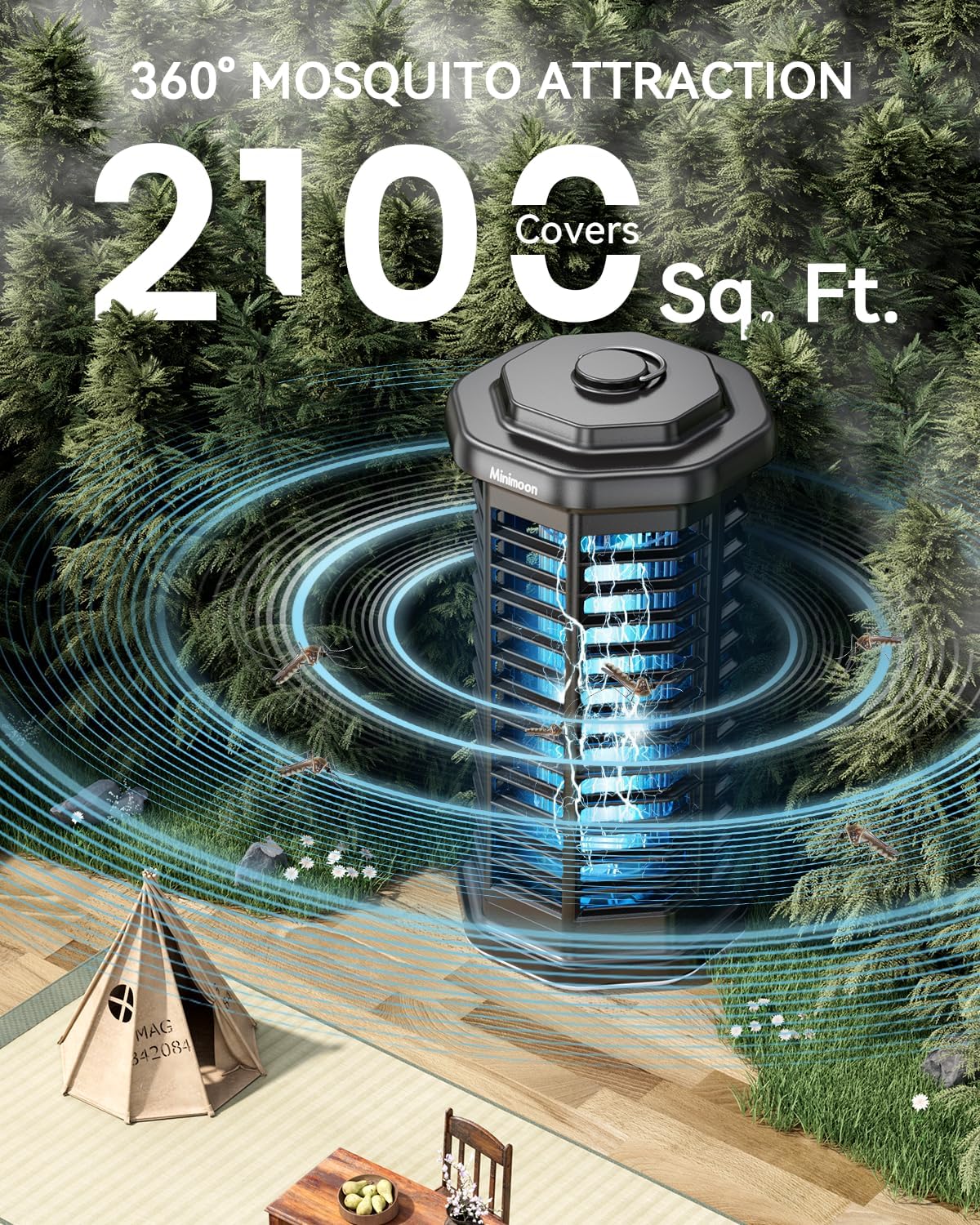 Minimoon Bug Zapper Outdoor 4000V Powerful Electric Mosquito Zapper, 15w Fly Trap Outdoor, IPX4, Corded Fly Zapper for Indoor, Yard, Backyard, Patio, Camping (Black with LED Lighting)-VerdiqueGarden