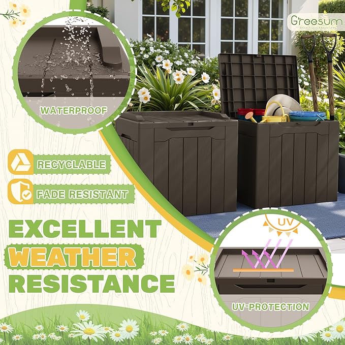 Greesum 31 Gallon Deck Box for Outside, All Weather Outdoor Storage Boxes for Patio Furniture Set, Package Delivery Box, Garden Tools, Brown(Set of 2)-VerdiqueGarden