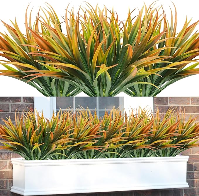 16Pcs Artificial Grass Fake Plants 17.3in Outdoor Plastic Plants UV Resistant Greenery Fake Grass for Home Window Garden Office Patio Hanging Planter Pathway Front Porch Décor Orange Yellow-VerdiqueGarden