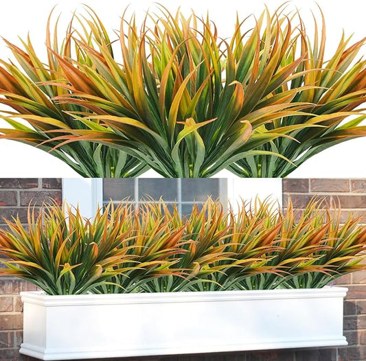 16Pcs Artificial Grass Fake Plants 17.3in Outdoor Plastic Plants UV Resistant Greenery Fake Grass for Home Window Garden Office Patio Hanging Planter Pathway Front Porch Décor Orange Yellow-VerdiqueGarden