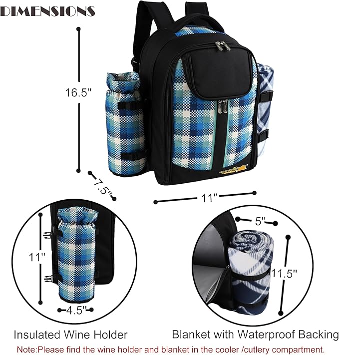apollo walker Picnic Backpack Bag for 2 Person with Cooler Compartment, Detachable Bottle/Wine Holder, Fleece Blanket, Plates and Cutlery Set-VerdiqueGarden