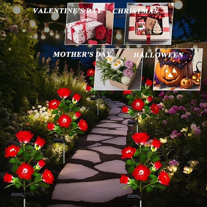 2 Pack Solar Garden Lights Outdoor, 7-Flower Rose LED Stake Light for Yard Patio Pathway Lawn Fence Cemetery, Red-VerdiqueGarden