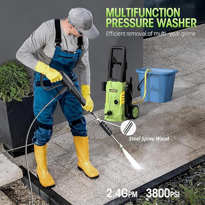 Electric High Pressure Washer - Portable Washer with 23 FT Water Outlet & 6.6 FT Inlet Hose, Steel Spray Wand, Foam-Adjustable Cannon,4 Nozzle Set, Cleans Car/Patio/Fence/Window, 3800PSI 2.4GPM-VerdiqueGarden
