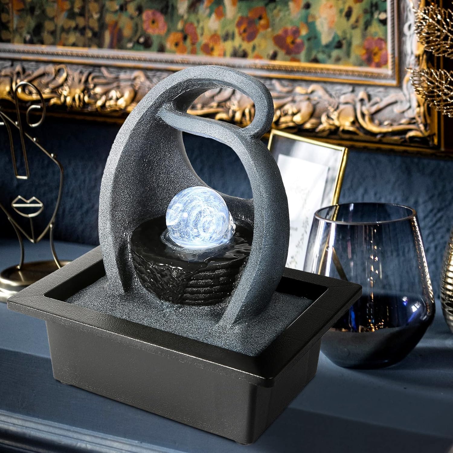 WICHEMI Water Fountains Indoor Waterfall Fountain Tabletop Fountain with LED Rolling Ball Water Feature Indoor Zen Meditation for Home and Office Indoor Spaces Decor (Style 18)-VerdiqueGarden