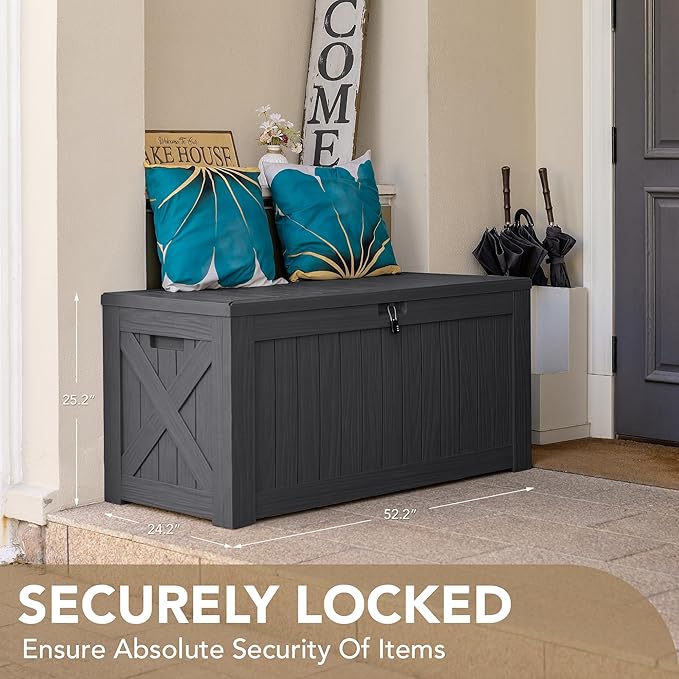 Devoko 120 Gallon Deck Box Resin Outdoor Storage Box Waterproof for Patio, Large Outdoor Storage Bench Lockable for Outside (Grey)-VerdiqueGarden