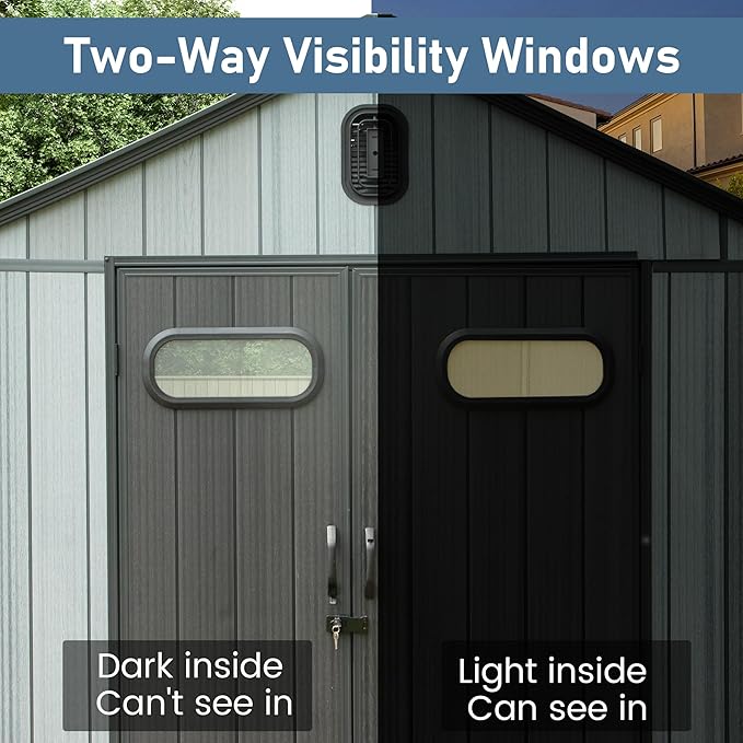 Domi 8x8 FT Outdoor Resin Storage Shed, All-Weather Double-Wall Storage Building for Backyard, Garden, Lawn Tools, Mower, Bike & Pool Equipment, Lockable Doors, Ventilated Roof, Grey-VerdiqueGarden