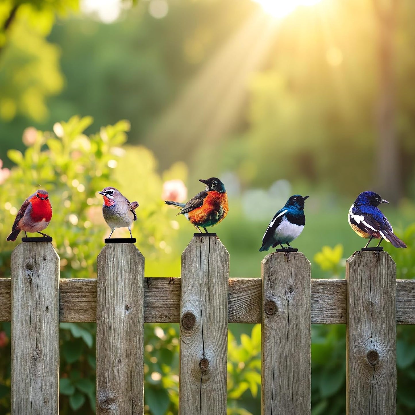 HUYIENO 5PCS Vivid Metal Birds Fence Decor Color Painted Outdoor Garden Natural Bird 2D Sculptures for Outdoor Fences, Patio, Garden and Bird Lovers-VerdiqueGarden