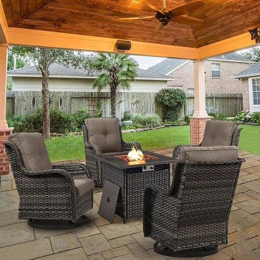 5 Pieces Patio Wicker Furniture Set - 4 Outdoor Swivel Rocker Glider Chairs with Propane Fire Pit Table, Patio Conversation Set Grey Cushion Perfect for Casual Gathering-VerdiqueGarden