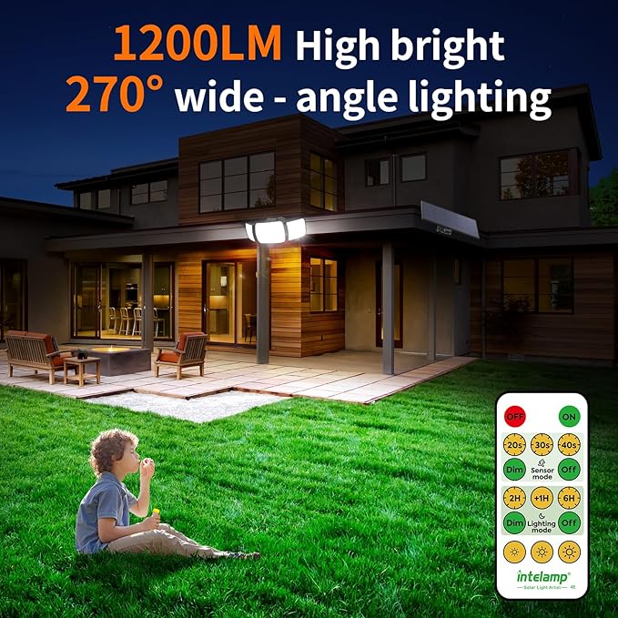 intelamp Solar Flood Lights Outdoor Waterproof, 2 Pack 6000mAh 1200LM Solar Powered Dual Motion Sensor LED Lighting Dusk to Dawn Security Floodlight Exterior with Remote 9.8ft Cable for Garden House-VerdiqueGarden