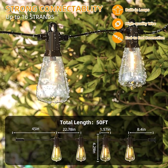 FOOMAN LED Outdoor String Lights, 50FT Outside Waterproof Patio Lights with 25+2 Shatterproof ST38 Edison Bulbs, 2700K Warm White Hanging Light, Dimmable Light for Backyard Garden Bistro Party-VerdiqueGarden