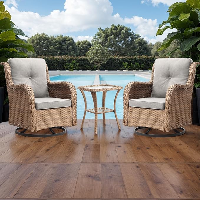 Outdoor Patio Swivel Rocker Chairs - 3 Piece Patio Bistro Set,Wicker Patio Furniture Set with 2 Swivel Rocking Chairs and 1 Glass Top Side Table for Deck Porch Garden,Yellow/Beige-VerdiqueGarden