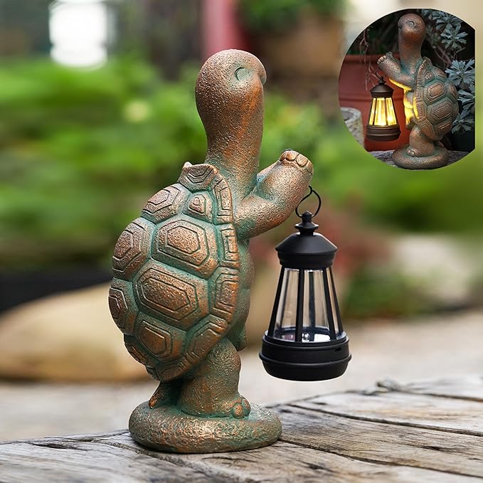 Turtle Solar Powered Outdoor Garden Statue, Resin Turtle Statue with Solar Light Lantern, Decorative Lawn, Yard Outdoor Turtle Decoration. Unique Home Decoration, Gifts for Women-VerdiqueGarden