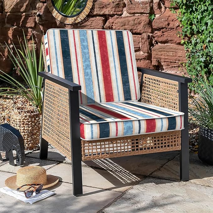 LVTXIII Patio Chair Cushions 22"x22"x3", Water-Repellent Outdoor Seat Cushions for Patio Furniture, Square Chair Pads with Ties for Home Garden Decoration, Set of 2, Stripe Red Blue-VerdiqueGarden