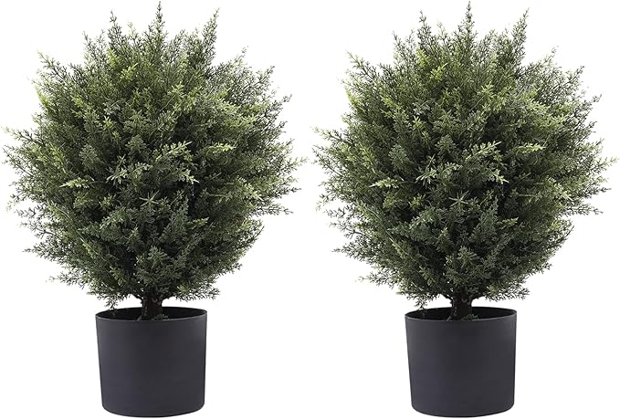 21” Artificial Cedar Outdoor Artificial Shrub Sunlight Resistant Leafy Potted Plant for Indoor Porch of Home and Office Artificial Outdoor Tree 2 Pieces a Set Topiary Trees-VerdiqueGarden