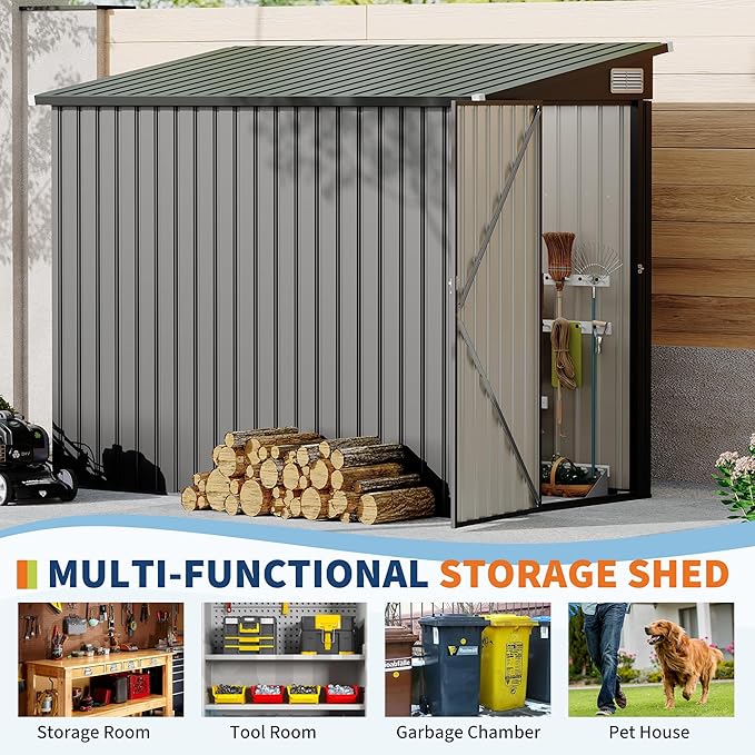 4x8 FT Metal Outdoor Lean to Storage Shed, Lean to Garden Shed Utility Tool Shed, Heavy-Duty Outdoor Metal Wall Side Storage Sheds-VerdiqueGarden