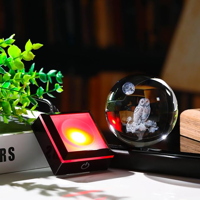 Qianwei Owl Gifts for Women 3D Crystal Ball 3.14'' - Laser Owl Decor Glass Animals Bird Figurines Statue Stuff for Room Decorations Bird Night Light-VerdiqueGarden