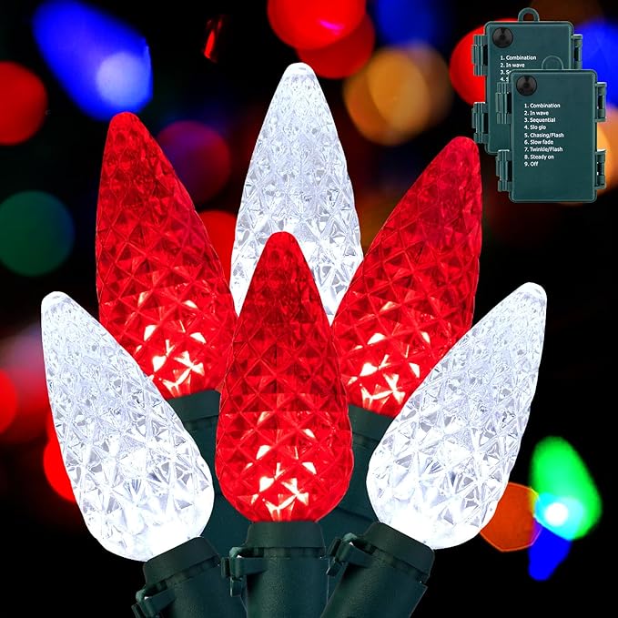 Brightown C6 LED Christmas String Lights - 2 Pack Each 20ft 60LED Battery Operated Strawberry String Lights with Timer and 8 Light Modes for Christmas Trees Wreaths, Indoor Xmas Decor, Red and White-VerdiqueGarden