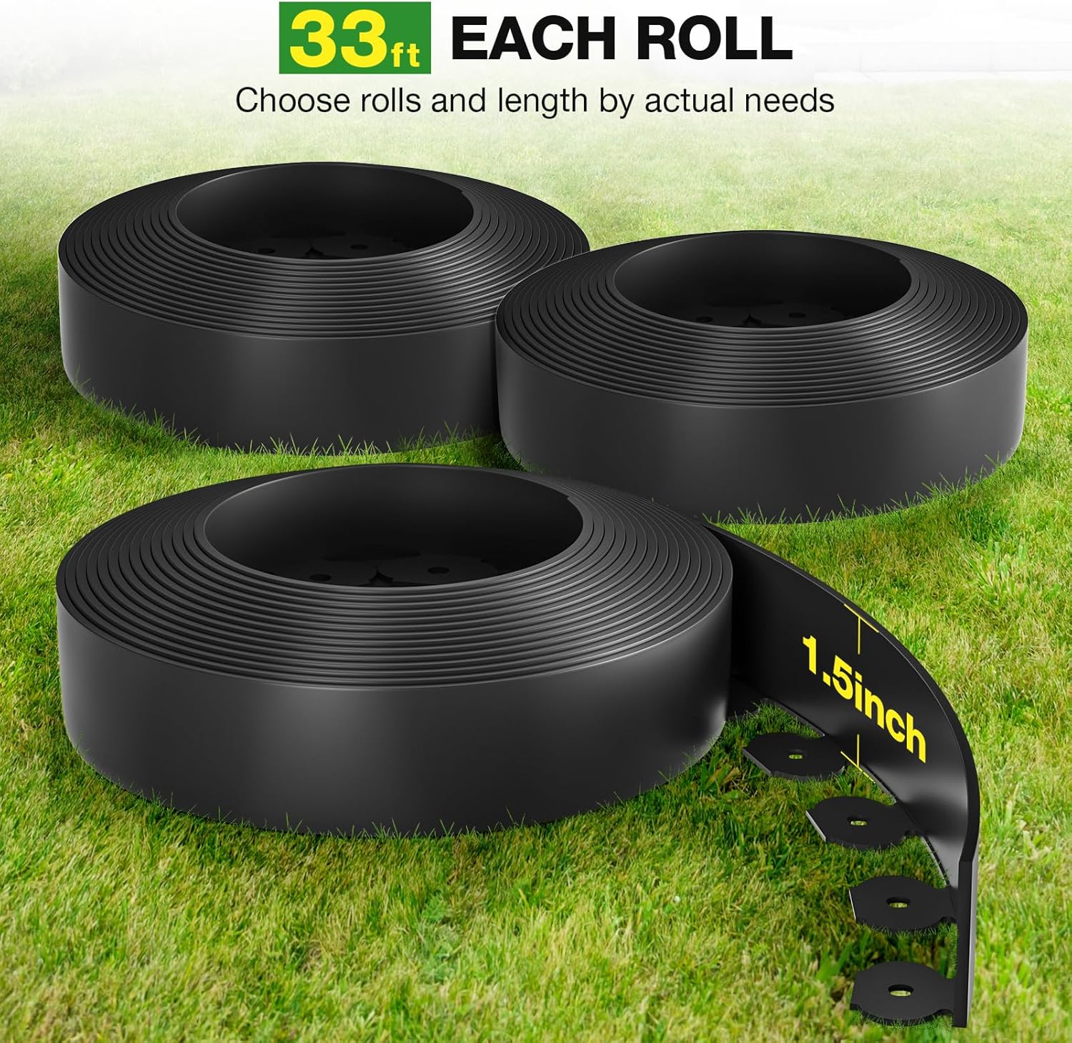 100ft,1.5in Tall Landscape Edging Kit with 150 Spikes, No-Dig Flexible Plastic Edge Border for Landscaping, Lawn, Garden, Flower Beds, Yard, Paver, Playground, Fence, Pathway, Black,3pack, 33ft Each-VerdiqueGarden