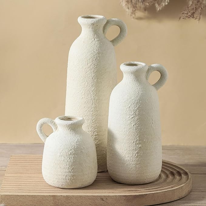 Ceramic Vase Set of 3 with Handle, Neutral Rustic Vases Home Decor Farmhouse Decorative Vase Whitewashed Pottery Decor Modern for Table Mantel Entryway Bookshelf Living Room Kitchen Bedroom - White-VerdiqueGarden
