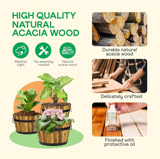 IDZO Set of 3 Wooden Flower Planters for Outdoor Plants, Acacia Wood Barrel Planters, Ergonomic Handles, Drainage Holes, Various Sizes, Golden Teak-VerdiqueGarden