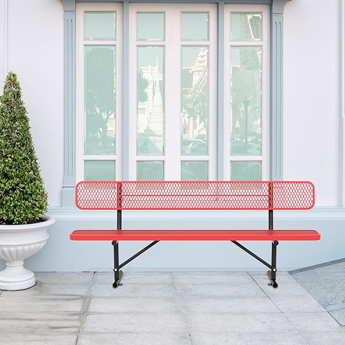 4/6/8 Feet Park Bench for Outside Heavy Duty Metal, Garden Benches Outdoor Bench with Backrest & Portable Frame, for Shopping Malls Stores Parks Patios Decks, Red-VerdiqueGarden