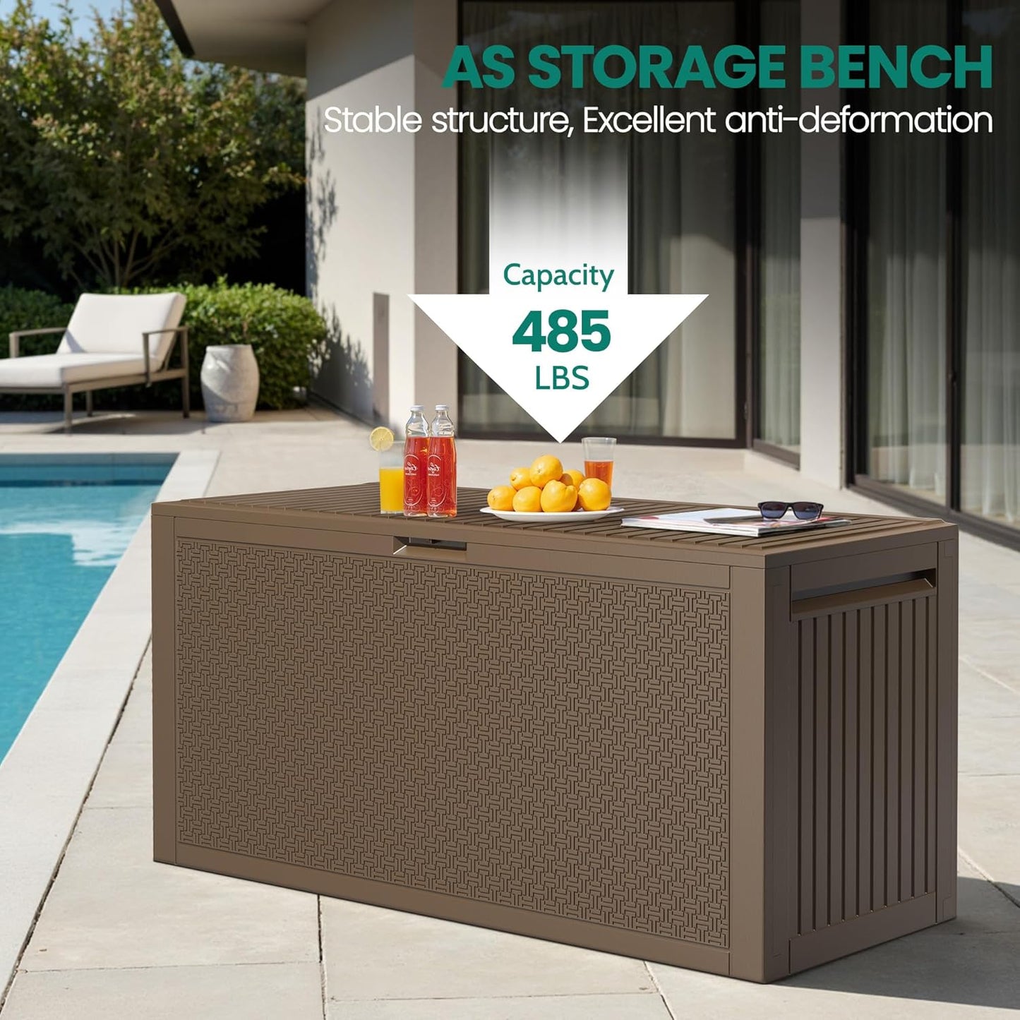 90 Gallon Outdoor Deck Box, Waterproof Outdoor Storage Box, Durable Resin Bin for Patio Cushions, Garden Tools and Pool Accessories, Lockable with UV Protection, Brown, Patio Furniture-VerdiqueGarden