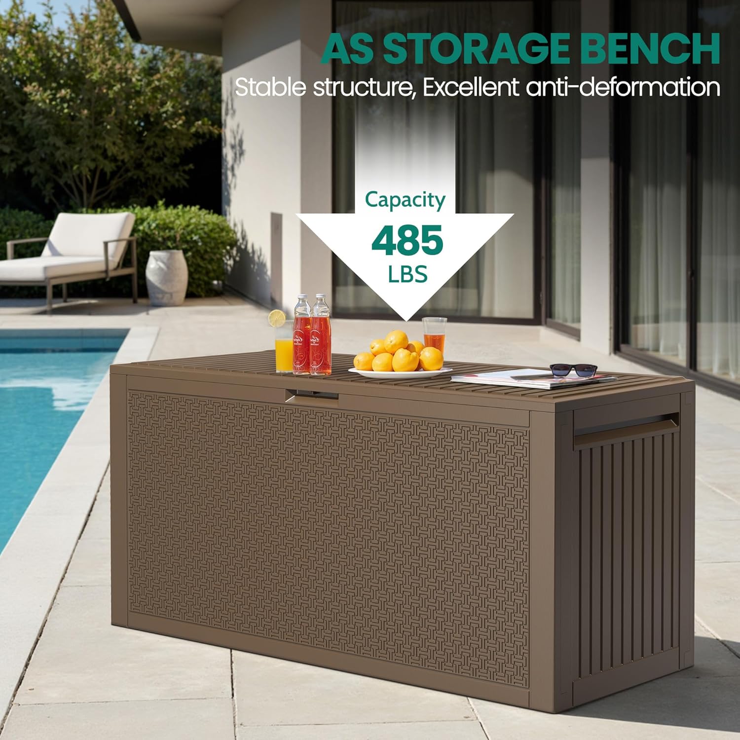 90 Gallon Outdoor Deck Box, Waterproof Outdoor Storage Box, Durable Resin Bin for Patio Cushions, Garden Tools and Pool Accessories, Lockable with UV Protection, Brown, Patio Furniture-VerdiqueGarden