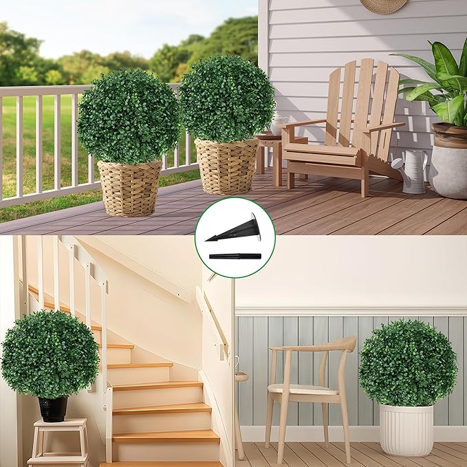 Artificial Boxwood Topiary Ball Tree with Ground Spike, Set of 2 Artificial Shrub Bushes, Fake Evergreen Tree for Porch, Artificial Plants for Outdoor Planters Indoor UV Resistant-VerdiqueGarden