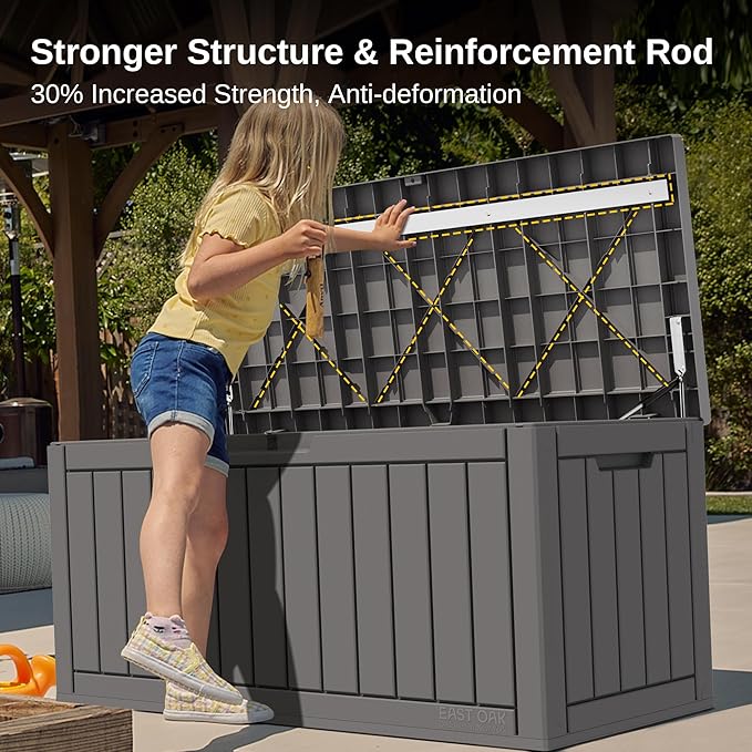 EAST OAK Outdoor Storage Box, 90 Gallon Deck Box, Waterproof Resin Storage Bin for Patio Cushions, Gardening Tools, Lockable, UV Resistant, Grey-VerdiqueGarden