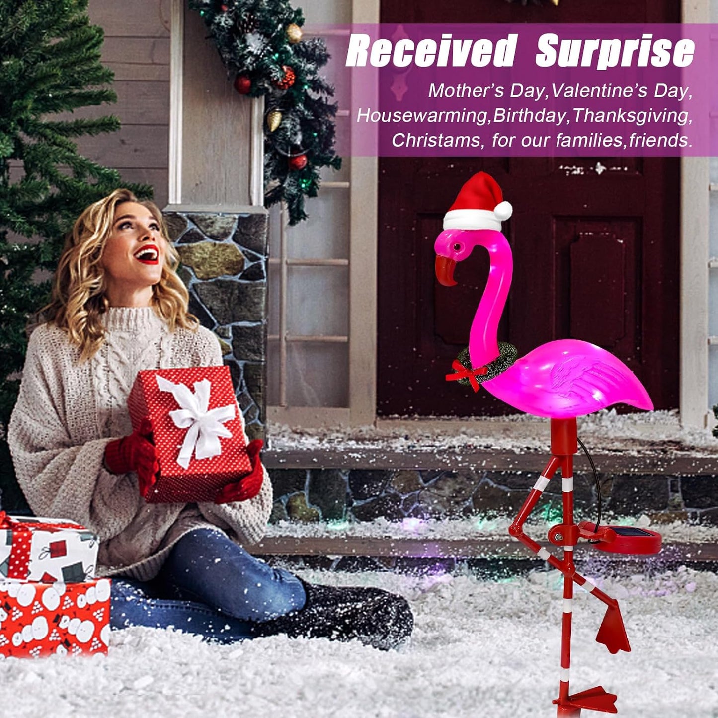 Solar Garden Lights Christmas Decorations Outdoor Waterproof,2 Packs Solar Flamingo Light,Birthday Xmas Gifts for Women Mom,Pink Flamingo Garden Statue,Decorative Lights for Yard Art Patio Porch Lawn-VerdiqueGarden