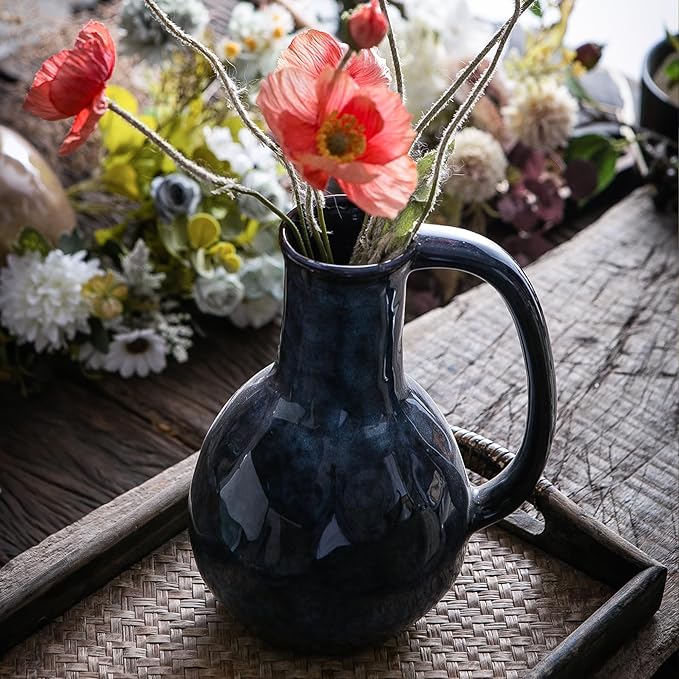 Blue Ceramic Vase with Big Handles, Modern Farmhouse Decor, Rustic Pottery for Flowers, Decorative Terracotta Centerpiece for Dining Table-VerdiqueGarden