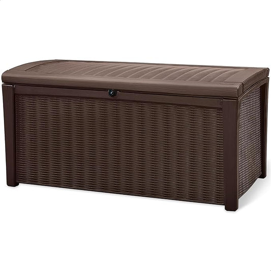 Keter Outdoor Storage Deck Box, for Patio, Backyard & Garden, Borneo, 110 Gallon, Brown - Lockable, Organizing, and Waterproof Plastic Container Bench-VerdiqueGarden